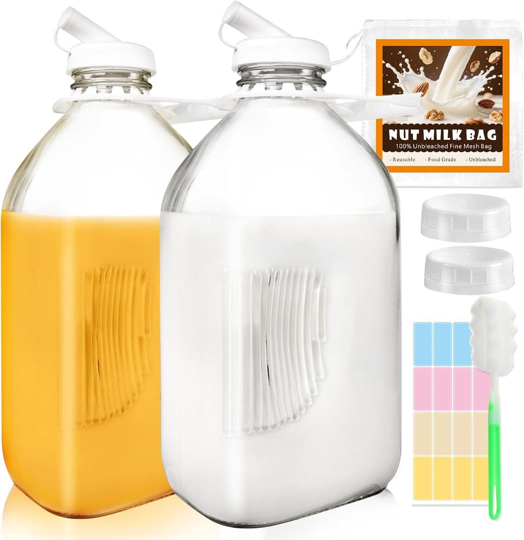 2 Pack 64 Oz Glass Milk Bottles with Nut Milk Bag & 2 Pour Spout & 2 Airtight Lids & Brush- 1/2 Gallon Heavy Duty Jug Pitcher Large Reusable Container for Milk, Juice, Water, Coffee for Refrigerator