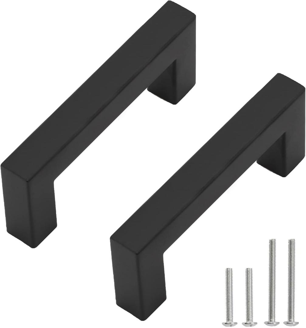 Cabinet Pulls Matte Black Cabinet Handles Square Drawer Pulls, 20 Pack 3 Inch Stainless Steel Kitchen Door Cupboard Cabinet Handles, Drawer Hardware Handles, 76mm Hole Centers (3 inch Hole Centers(76mm))