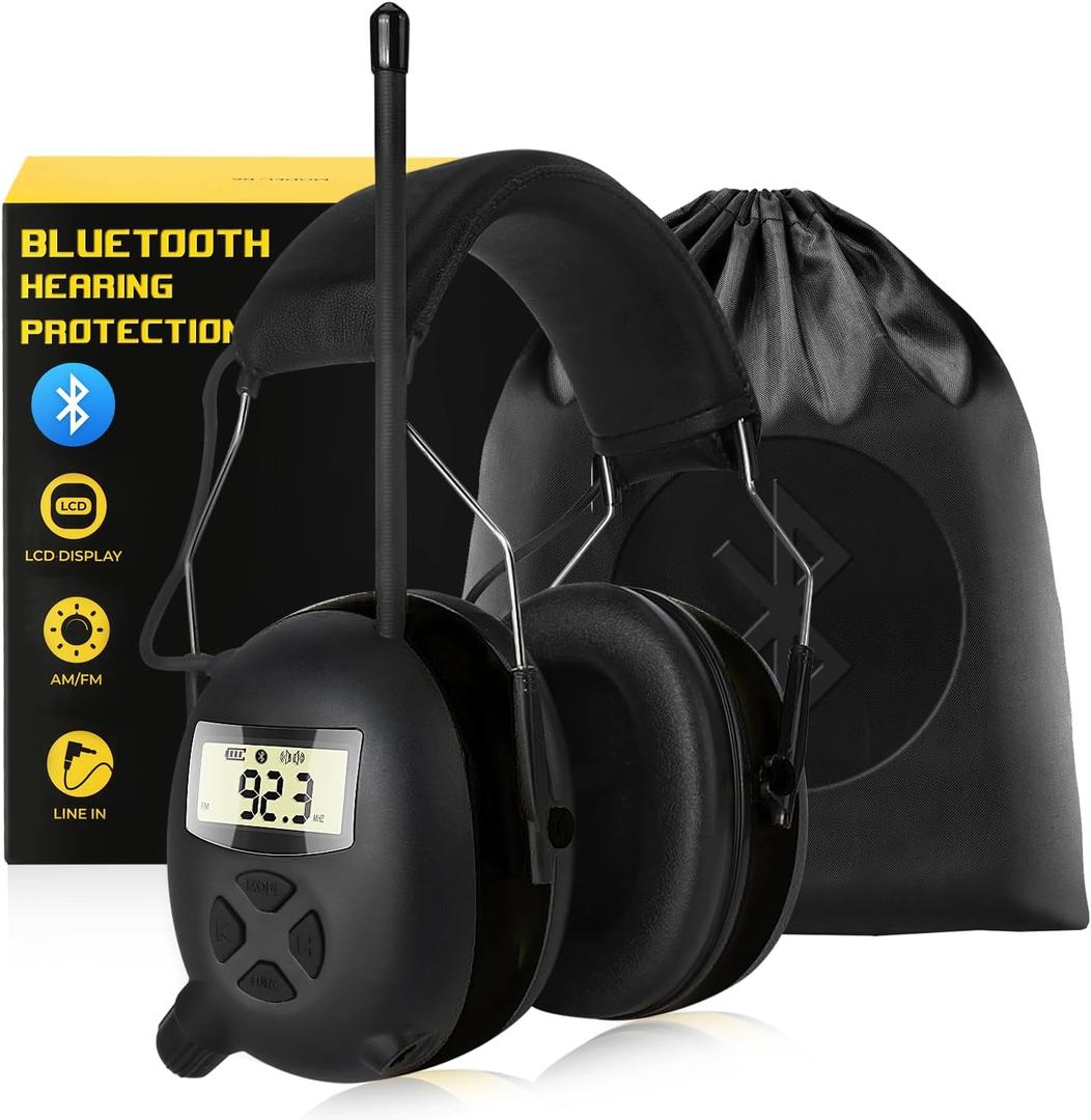 BJKing Upgraded 5.4 Bluetooth Hearing Protection AM/FM Radio Headphones, 30dB SNR Safety Earmuffs, Ear Protection for Mowing, Workshops, and Snowblowing, Black