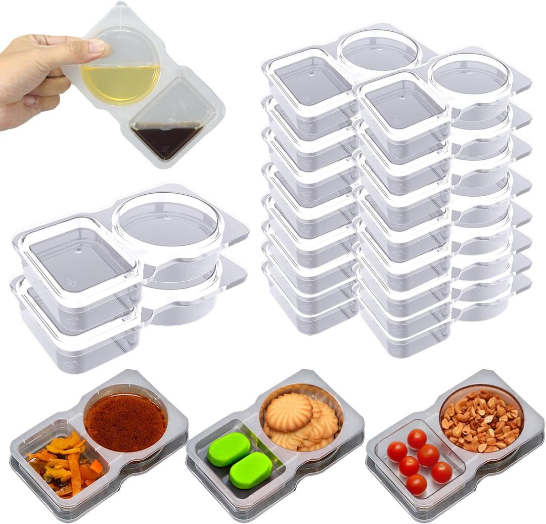 2 x 16Pcs Double Compartment Snack Containers, Reusable with Lid, 2 Compartment Lunch Box, Travel Size Condiments, Sauce Containers