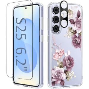 GVIEWIN for Samsung Galaxy S25 Case, Clear Floral Slim Shockproof Protective Women Phone Case, Non-Yellowing, with Screen Protector & Camera Lens Protector for Galaxy S25 6.2", Cherry Blossoms