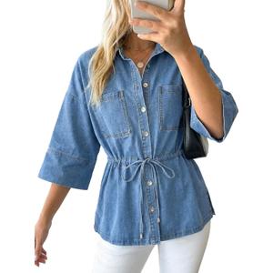 Women Denim Shirts Oversized Long Sleeve Button Down Blouse Fall V Neck Casual Top Trendy Drawstring Waist Daily Wear (Blue, Large)