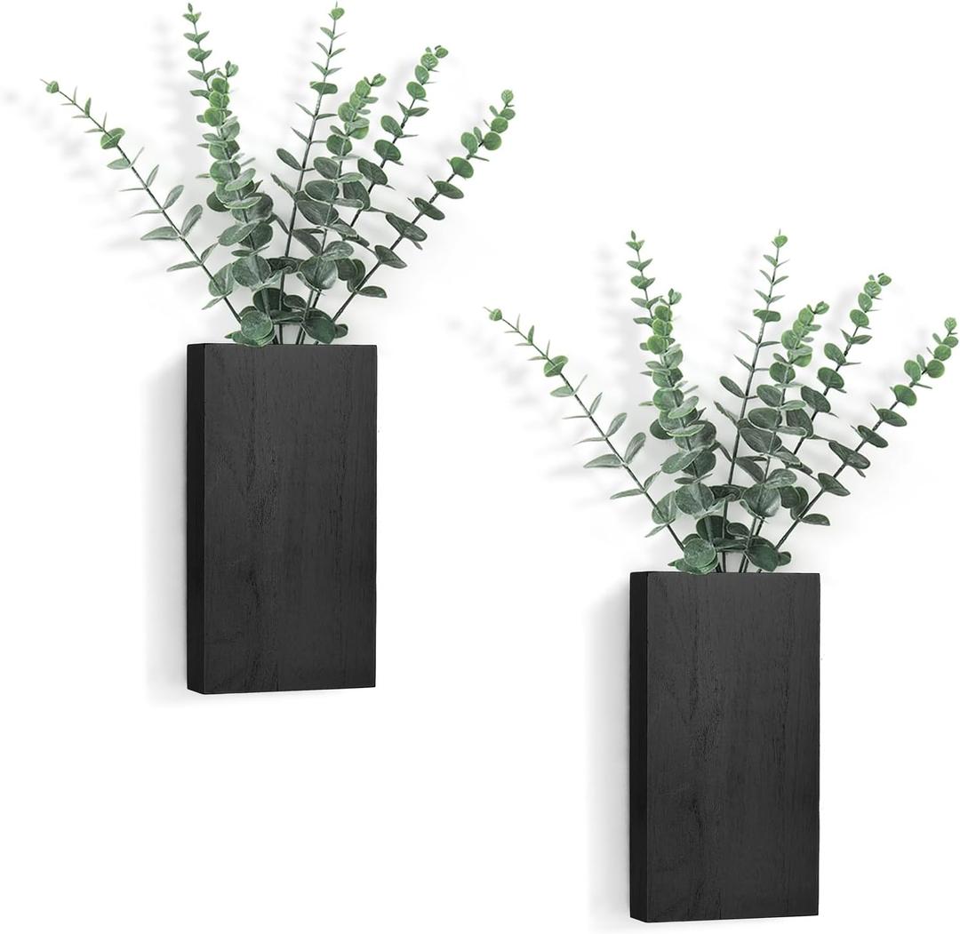 Dahey 2 Pack Wood Wall Planter Vase with Artificial Eucalyptus Farmhouse Wall Hanging Decor Pocket Planter for Indoor Fake Plants Greenery, Living Room Bedroom Kitchen Home Office Decoration, Black (Medium)