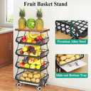 SAYZH Fruit Basket Kitchen Pantry Organizers and Storage - Wooden Top Table, Stackable Metal Wire Basket Stand Cart for Fruit Vegetable Snacks Onion Potato Organization (Black, 5 Tiers)