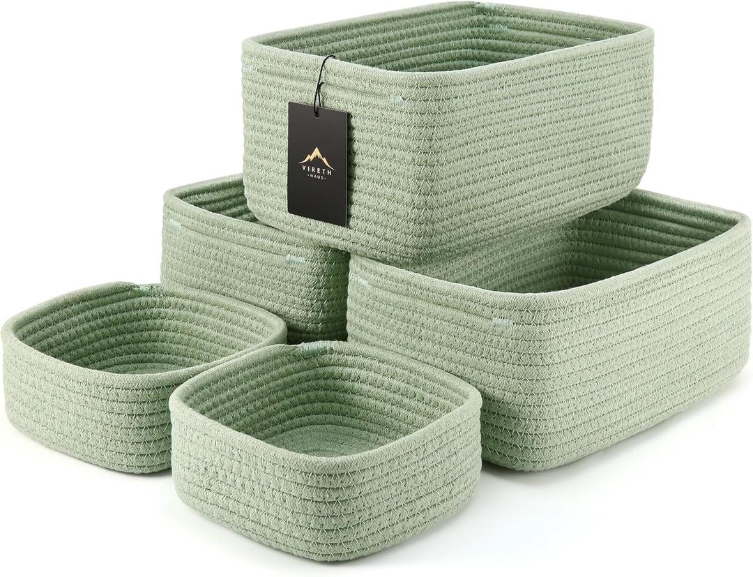 5-Pack Small Woven Rope Storage Baskets  2 Sizes Organizer Bins for Closet, Shelf, Bookshelf, Nursery, Changing Table, Fabric Cube Boxes, Rectangular Shallow Bins for Bathroom, Toy & Home (11.81*7.48*4.72'' & 5.91*5.91*2.56'', Green)