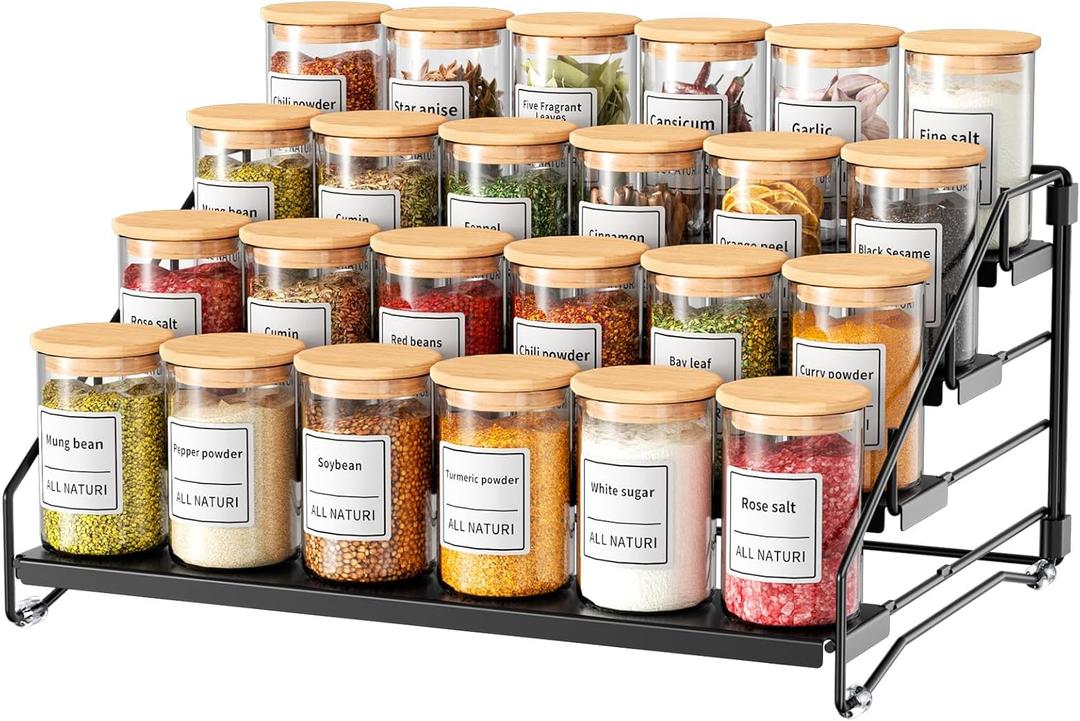 RCHYFEED Spice Rack Organizer for Cabinet Pantry,4 Tier Countertop Spice Rack,Step Spice Organization Easy Visibility,Tierd Depth Expandable Seasoning Shelf for Cabinet Organizer (Black, 1Pack)