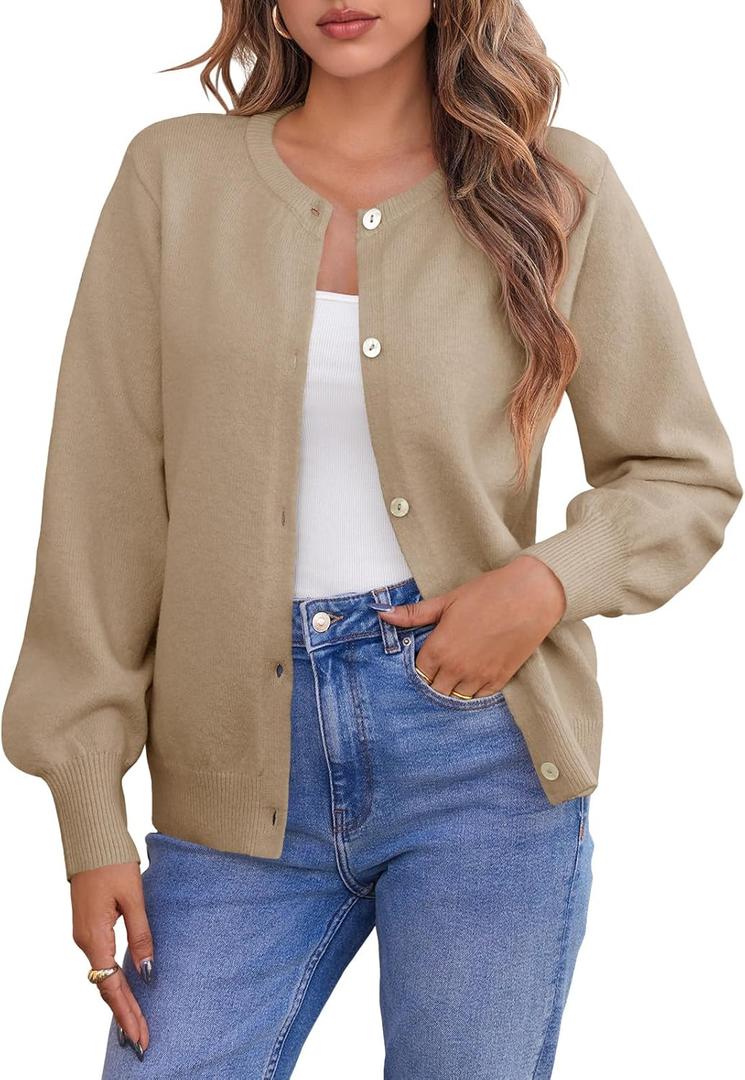 Saodimallsu Womens Button Down Cardigan Sweaters Crew Neck Long Sleeve Open Front Loose Fall Soft Knit Sweater Coats (Medium, Khaki)