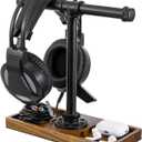MyGift Premium Acacia Solid Wood and Industrial Black Metal Pipe T-Bar Over Ear Headphones Holder, Tabletop Dual Headphone Display Stand with Accessories Tray