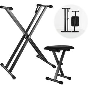 Keyboard Stand and Bench Set, Heavy Duty Double-X Keyboard Stand, Adjustable Digital Piano Stand with Lockable Straps (Piano Keyboard Stand x 1, Piano Bench x 1)