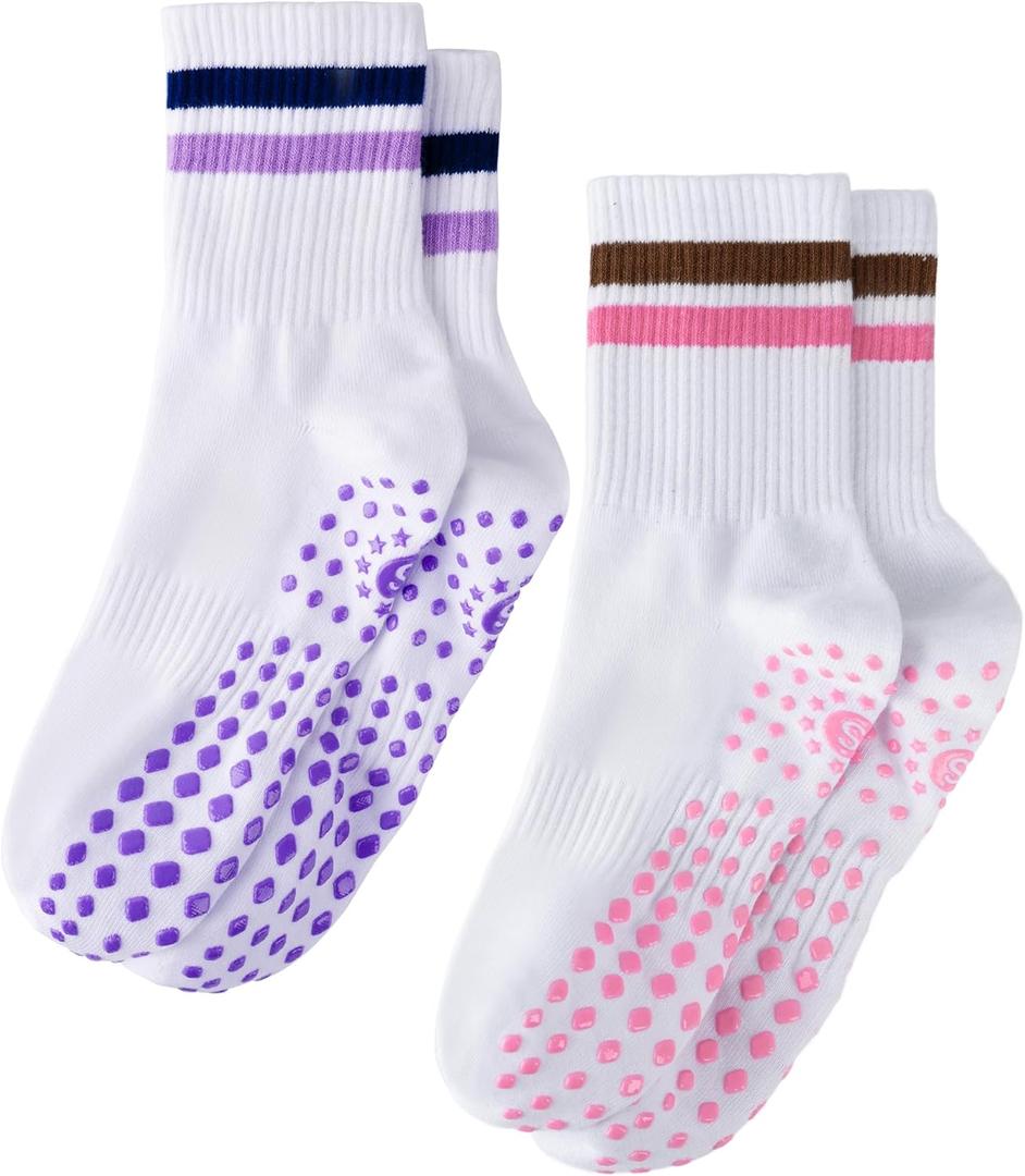 Sofier Pilates Grip Socks Women Crew Athletic Yoga Non-Slip Barre Slipper Workout Hospital Stripe (One Size, Purple/Pink)
