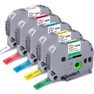 5-Pack Label Maker Tape Replace for Brother TZe TZ Tape 12mm 0.47 Laminated Colored White/Red/Blue/Yellow/Green Compatibel with Brother P Touch Label Maker PTH110 PTD220 PTD210 PT-D410
