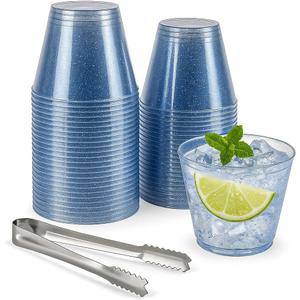 100 Blue Glitter Plastic Cups and 1 Silver Ice Tong Set - 9 Ounce Disposable Cocktail Glasses - Plastic Wine Cups - Blue Party Decorations - Wedding Party Supplies