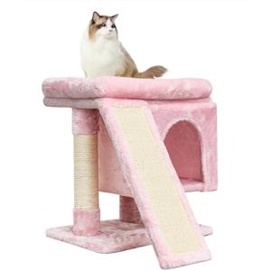 SYANDLVY Small Pink Cat Tree with Perch for Indoor Cats, Cat Tower with Scratching Post, Modern Activity House for Large Cats, Condo with Board, Kittens Cave