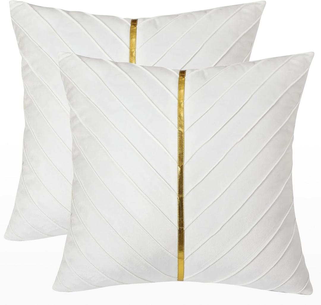 Tosleo White Velvet Throw Pillow Covers 18x18 inch Pack of 2 with Gold Leather Christmas Decorative Couch Pillow Cover Luxury Modern Pillowcases for Living Room Bedroom Sofa Cushion Bed