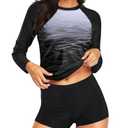 Daci Women Black Gradient Two Piece Rash Guard Long Sleeve Swimsuits UV UPF 50+ Swim Shirt Bathing Suit with Boyshort Bottom, Medium