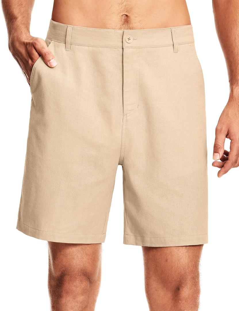 ISEEGZ 7" Men's Linen Shorts Dress Casual Work Golf Cotton Linen Shorts for Men Flat Front with Pockets Belt Loop (Beige, L)