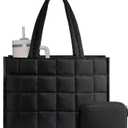 LOVEVOOK Tote Bag for Women, Puffer Work Handbag 15.6 Inch Laptop Purse for Nurse Teacher, Large Quilted Travel Tote Shoulder Bag with Zipper for College, Office, Clinical, Gym, Black