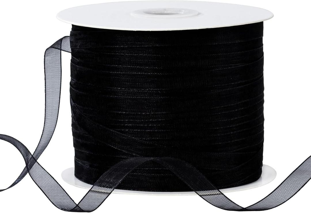 250 Yards 1/4 Inch Sheer Organza Chiffon Ribbon Narrow Thin Ribbons for Ornaments Hanging, Crafts Making (Black)