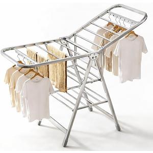 Stainless Steel Foldable Clothes Drying Rack with Adjustable Wings, Windproof Holes & Wheels | Heavy Duty 132 lb Load Capacity | Space-Saving Laundry Rack for Indoor & Outdoor Use, Medium