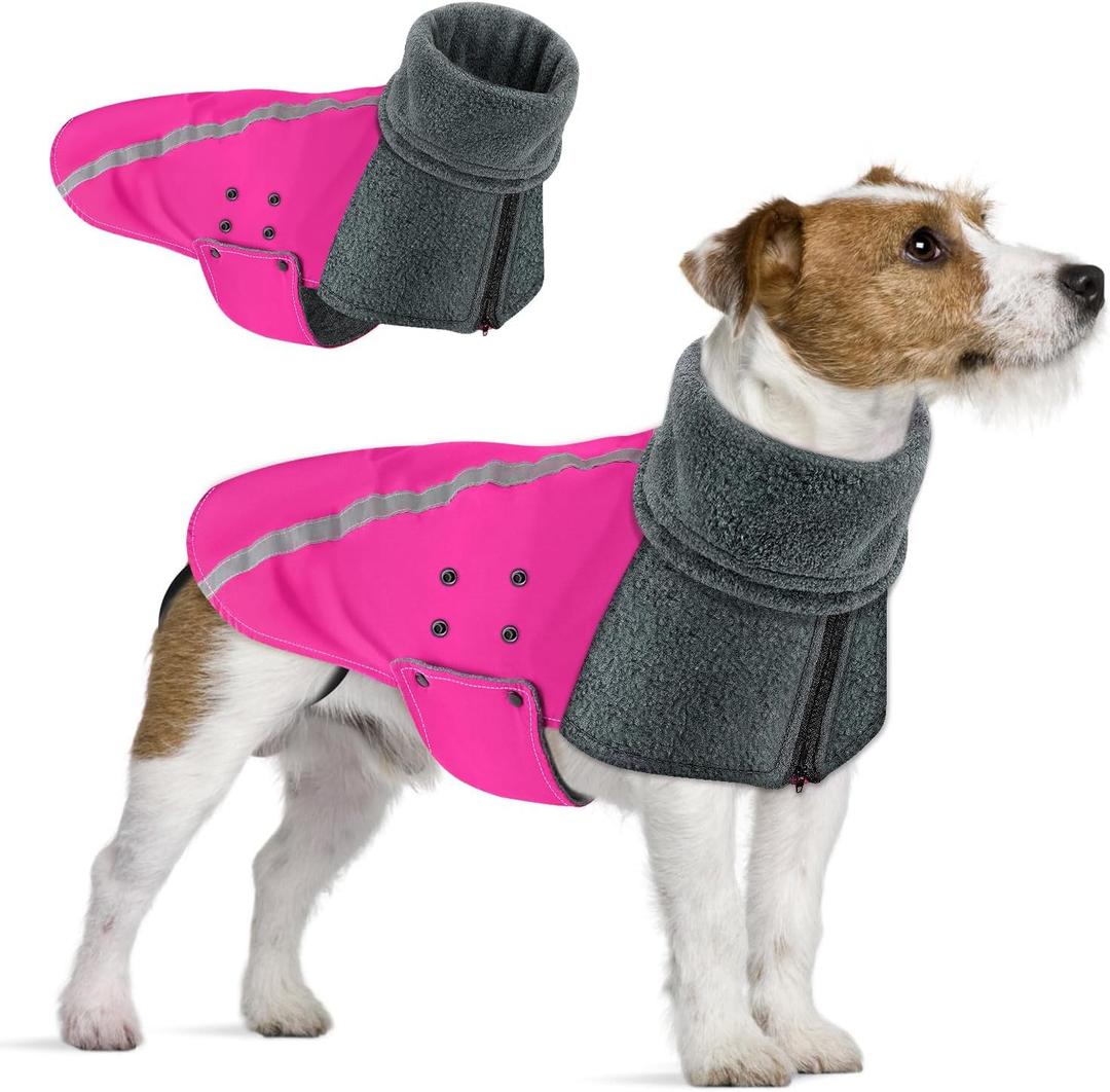 SlowTon Winter Dog Coat, Warm Polar Fleece Lining Doggie Outdoor Jacket with Turtleneck Scarf Reflective Stripe Adjustable Waterproof Windproof Puppy Vest Soft Pet Outfits (Fuchsia,S)