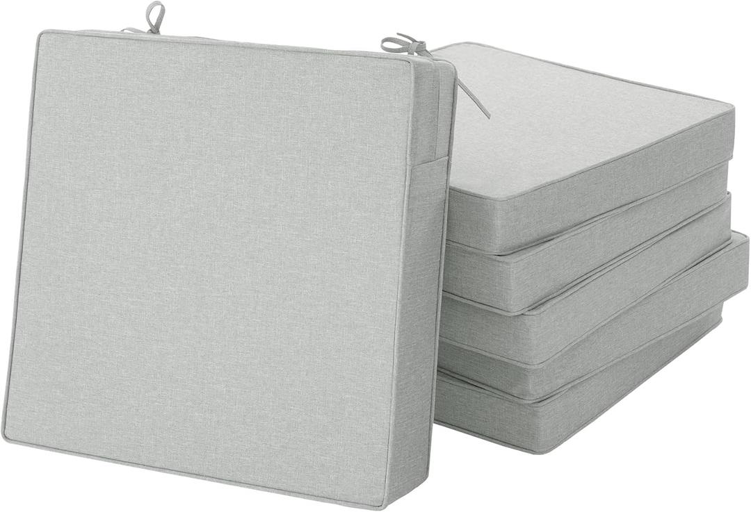 Outdoor Chair Cushions, Water-Resistant & Fade-Resistant, Patio Furniture Seat Replacement Chair Pads with Ties Zipper, Removable Cover, Non-Slip Bottom, Set of 6, 17 x 16 Inch, Light Grey