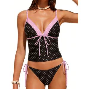 ZAFUL Women Two Piece Tankini Set Low Waisted Tie Side Tankini Swimsuit Cute V Neck Modest Swimwear Cute Summer Bathing Suit (S)