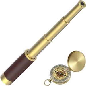 Pirate Spyglass Telescope Pocket Compass Set, Caribbean Collapsible Spyglass Zoomable Pirate Monocular Telescope Handheld Telescope Pirate Spyglass for Bird Watching Hunting Hiking Travelling