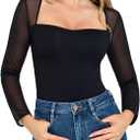 Popilush Mesh Long Sleeve Tops for Women Shapewear Bodysuit Square Neck Going Out Body Suits Fall Concert Outfits XL