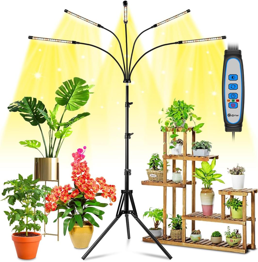 Wolezek Grow Lights for Indoor Plants Full Spectrum, 100 LEDs Plant Lights for Indoor Growing with Adjustable Stand, 5-Head Plant Grow Lamp with Auto 6/12/16H Timer, Ideal for Large & Tall Plants