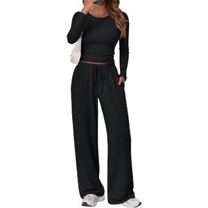 Trendy Queen Women's 2 Piece Matching Lounge Set Long Sleeve Side Ruching Top Wide Leg Drawstring Pants Set with Pockets (Medium, Black)