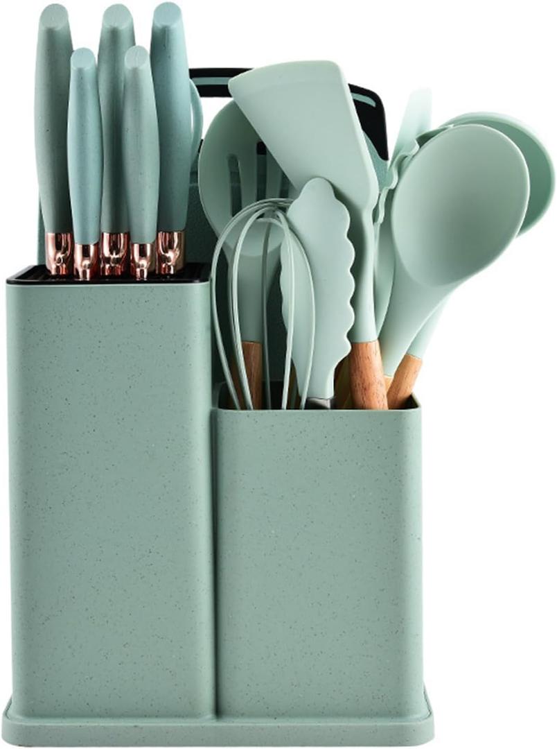 19 Piece Silicone Cookware Set - Kitchen Utensil Set with 9 Silicone Utensils, 5 Stainless Steel Knives, Wooden Handle, Light Green