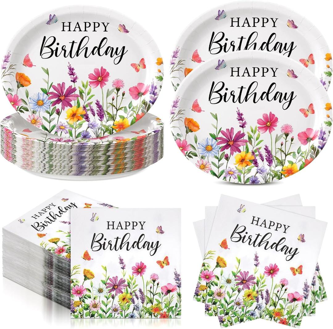 Potchen 50 Pcs Happy Birthday Wildflower Party Supplies Include 25 Oval Wildflower Paper Plates and 25 Colorful Floral Paper Napkins Birthday Tableware Decorative for Spring Summer Home Table Supplies