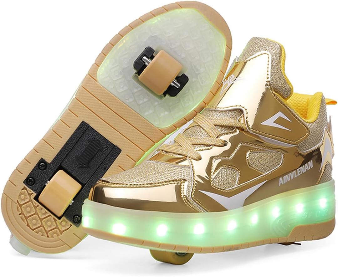 Roller Skate Shoes for Boys and Girls Kids LED Light Up Fashion Sneakers with Rechargeable and Detachable Wheels The Gift for Party Birthday Christmas Day (Gold, M)