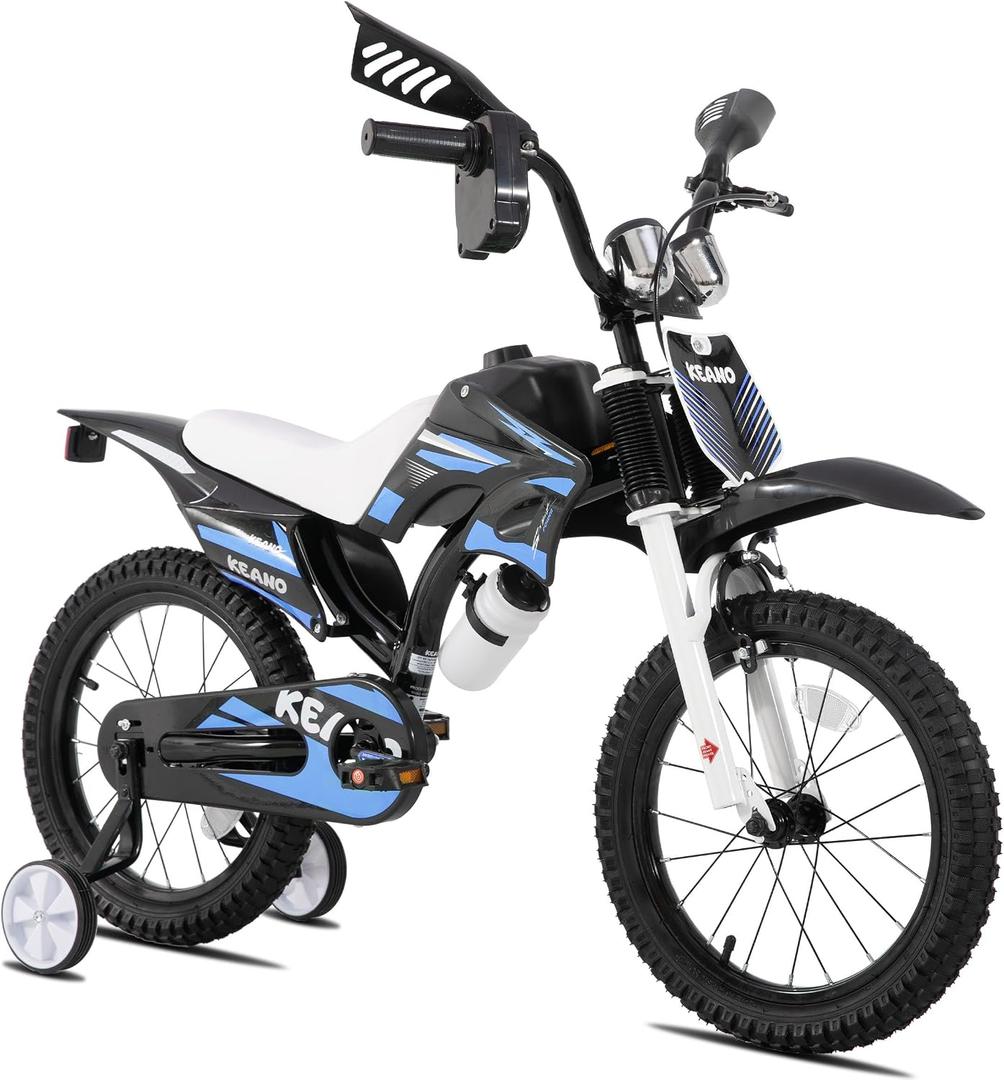 KEANO Motocross Style Kids Bike for Boys Girls Ages 3-7 Years, 12 & 16 Inch Bikes with Training Wheels and Number Plate, Children Bicycles Black