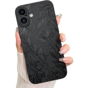 LSL Case for iPhone 16 Plus Black Floral Flower Pattern Print Design Soft TPU Full Camera Lens Anti-Drop Anti-Scratch Shockproof Protective Slim Cover for Women Girls