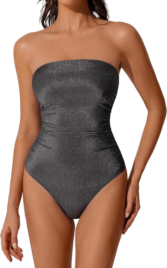 RXRXCOCO Women Tummy Control One Piece Swimsuits Ruched Strapless Bathing Suits Slimming Swimwear, L