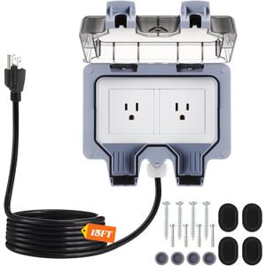 Kanayu Outdoor Outlet Box with 15ft Extension Cord, Dual 15 AMP 5-15 Receptacles Weatherproof Waterproof IP66 Outdoor Exterior Socket with Cover, 14 AWG/3C SJTW Cord