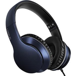 LORELEI X6 Over-Ear Headphones with Microphone, Lightweight Foldable & Portable Stereo Bass Headphones with 1.45M No-Tangle, Wired Headphones for Smartphone Tablet MP3 / 4 (Dark Blue)