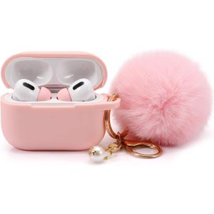 Protective Case Cover for Airpods Pro Charging Case with Ear Tips 1 Pair Kit, Air Pods Silicone Case with Soft Cute Ball Pom Pom Keychain Kit Together with Ear Buds Tips 2&1 (X, Light Pink)