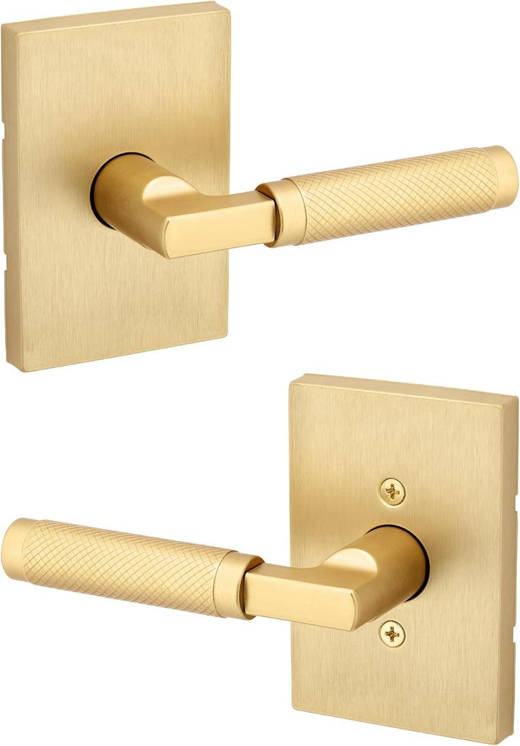 Kwikset Prava Interior Passage Door Knurled Handle, Lever for Closet and Hallway Doors, Reversible Non-Locking Handle Lever, Satin Brass, with Microban Protection