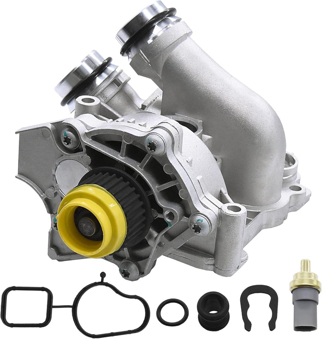 Aluminum electric engine water pump assembly with gasket assembly Compatible with Audi A3 A4 A5 A6 Q3 Q5 TT VW Beetle CC Eos GTI Jetta Passat Tiguan, Replaces# 06H121026AB, 06H121026CQ