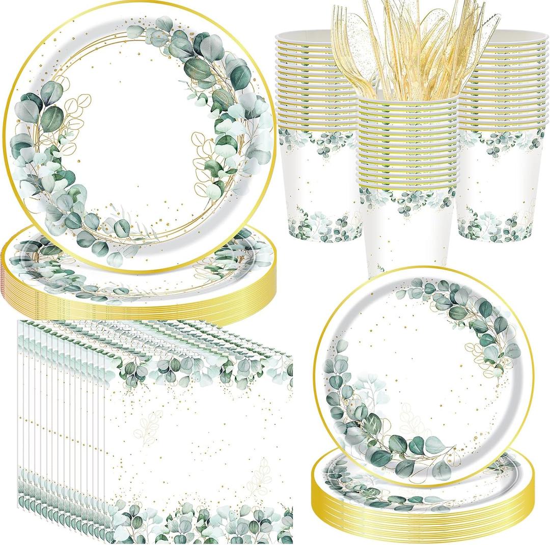 400 Pcs Sage Green Party Supplies Sage Green and Gold Disposable Paper Plates Eucalyptus Napkins and Cups for Bridal Baby Shower Birthday Wedding Party Decorations Supplies