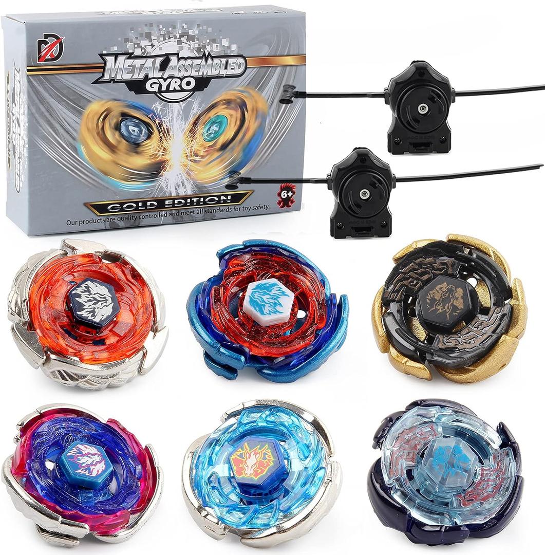 Gyros 6 Pieces Pack, Battling Tops Metal Fusion Starter Set with Stickers Two Launchers Gift Idea Toys for Boys Kids Children Age 6+…, 6pcs