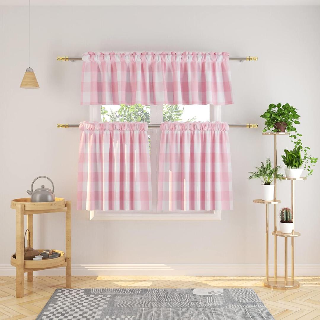 3 Pc Cotton Classic Country Farmhouse Kitchen Window Curtain -Pink & White Buffalo Check Tier & Valance Set, 54" x 18" / 27" x 36"