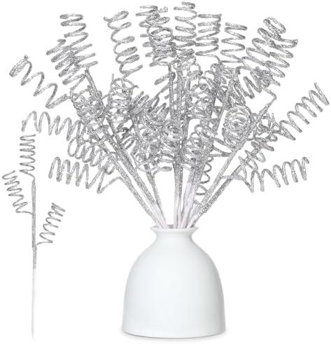 Suncalla 12 Pcs Silver Christmas Glitter Curly Tree Picks and Sprays for Tree 11.81" Artificial Glitter Stem Pick and Twigs Decorations Xmas Vase Filler Ornaments Topper Branch for DIY Wreath