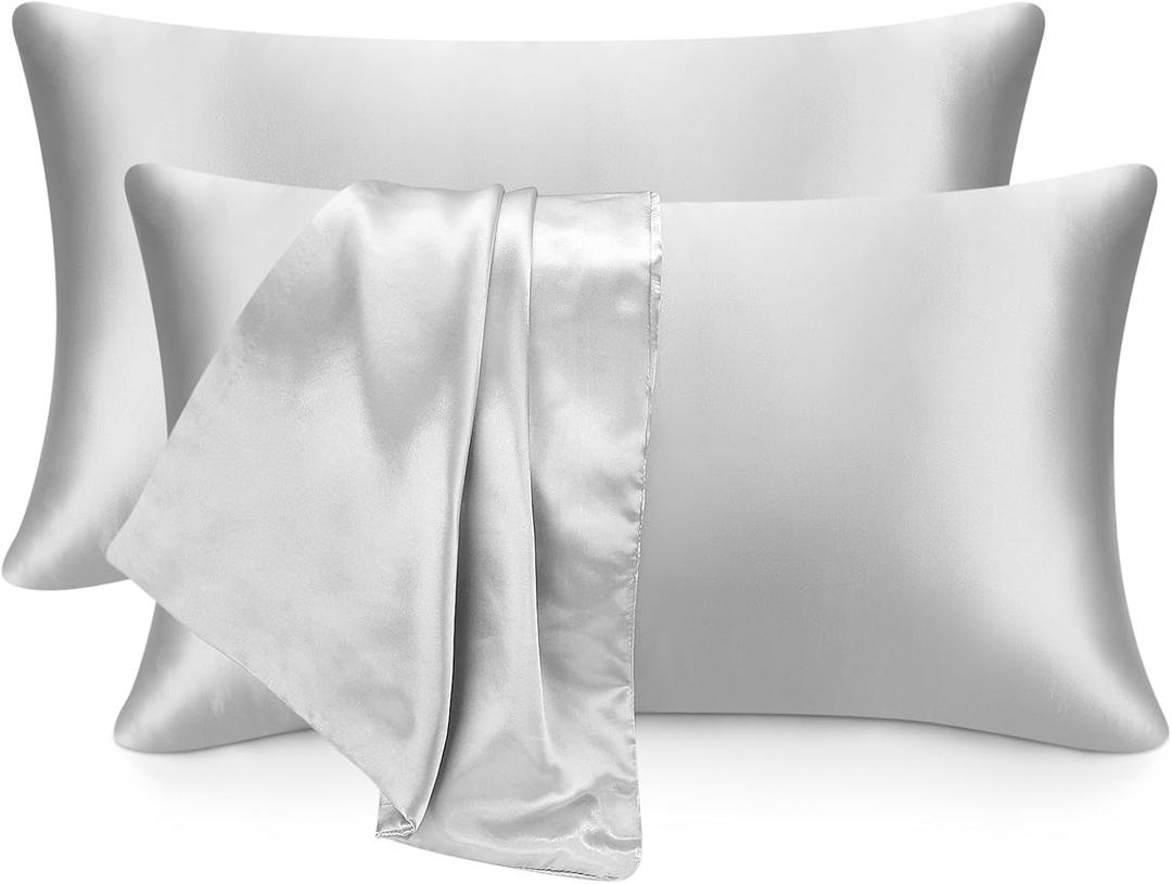 2 Pack Satin Pillow Cases, Similar to Silk Pillowcases Standard Set of 2, Health, Smooth, Beauty Sleep, Soft Breathable Cooling Satin Pillow Covers for Women Men (Silver)
