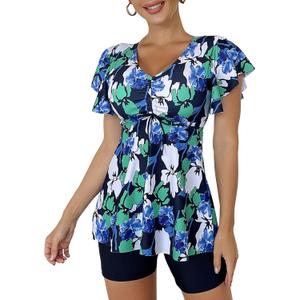 ECUPPER Women Short Sleeve Tankini Swim Dress Ruffled Flowy Skirt Swimsuits Tummy Control Two Piece Bathing Suits with Shorts (XX-Large, Green)