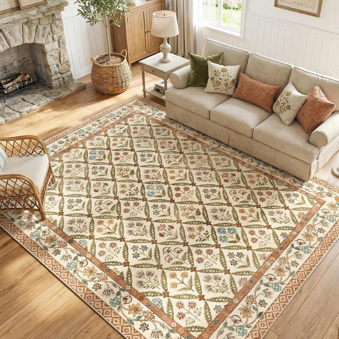 jinchan 8x10 Vintage Floral Washable Large Living Room Area Rug, Terracotta | Soft & Lightweight, Checkered Floral, Low Pile, Non Slip, Bedroom, Dining Room, Girls Room, Home Office, Cottage Decor