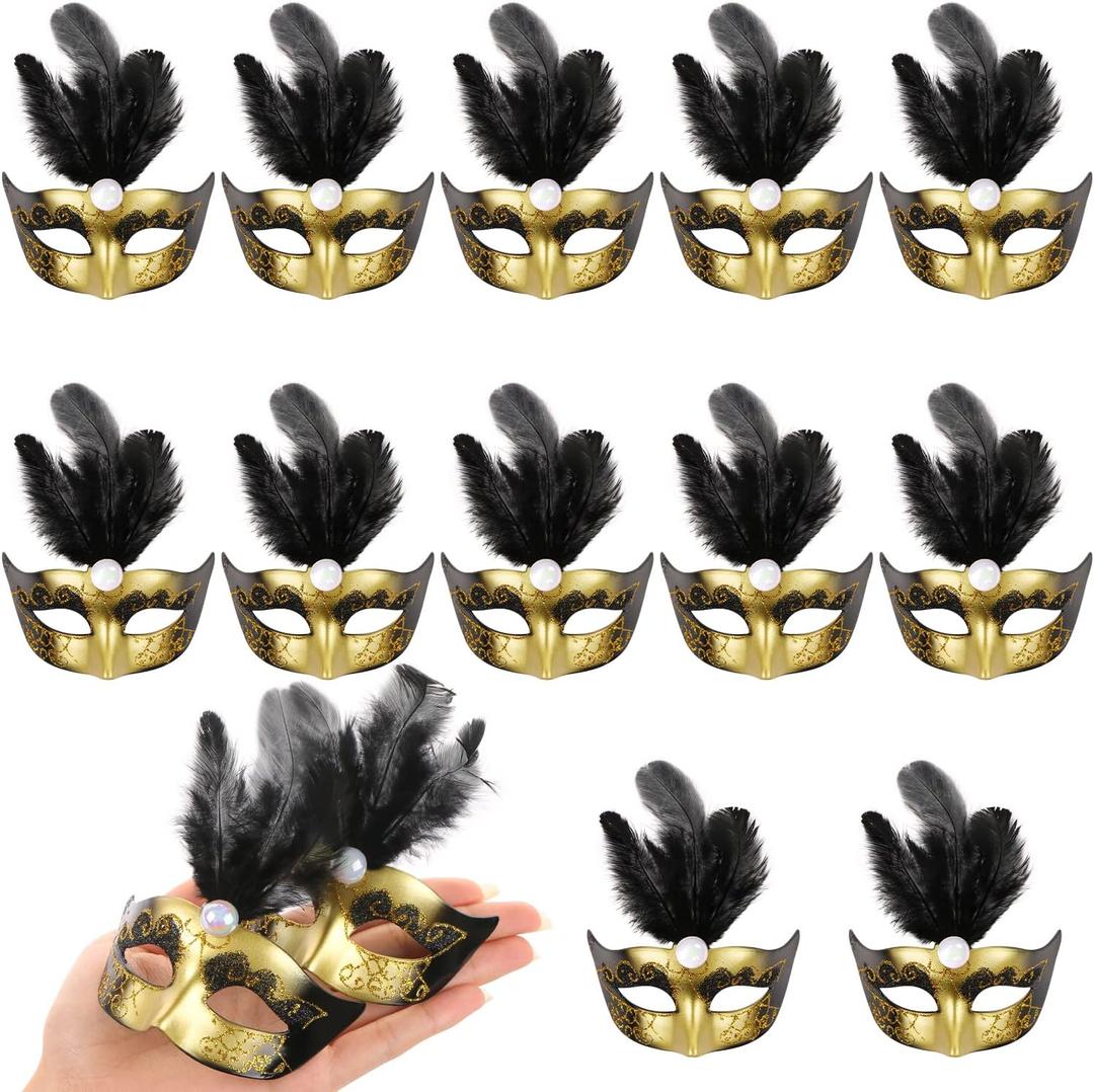 LIYDE 12PCS Mini Masks for Mardi Gras Decoration Masquerade Party Decoration Mini Decorative Masks for Table Decor/Cupcake Decor/Home Decor (Black)