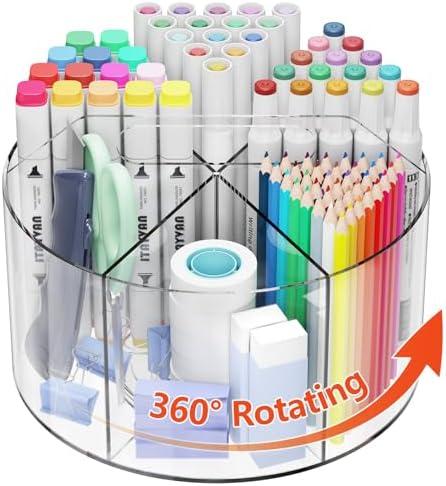 ITAYVAN Desk Pen Holder, 360 Degree Acrylic Rotating Pencil Organizer for Kid Crayon Marker, Office Supply Accessory Organizer Rotating Organization for Desktop, Kitchen, Makeup, Vanity